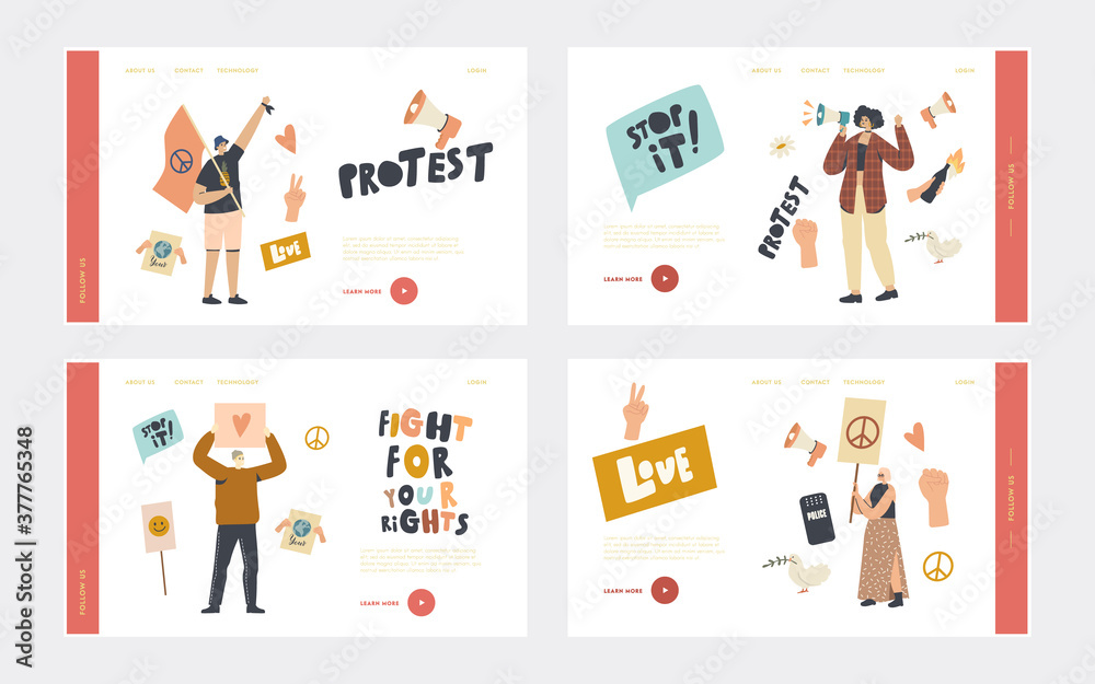 Activist Characters Protest for Love and Peace on Riot Picket Landing Page Template Set. Protesting People with Placards Activist Characters Protest for Love and Peace on Riot Picket Landing Page Template Set. Protesting People with Placards
