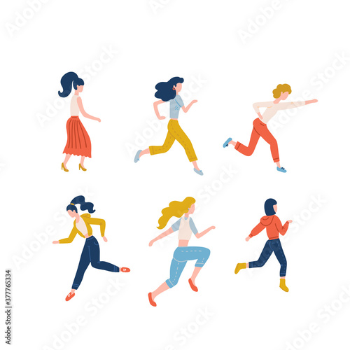 Set of happy running women dressed in casual clothes. Collection of funny people in hurry or haste. Joyful flat cartoon characters isolated on white background. Vector illustration. Black friday sale.