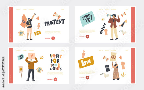 Activist Characters Protest for Love and Peace on Riot Picket Landing Page Template Set. Protesting People with Placards