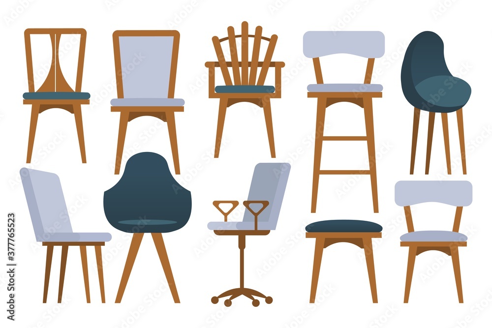 Illustration set of different chairs for home and office. Isolated on white background. Vector illustration