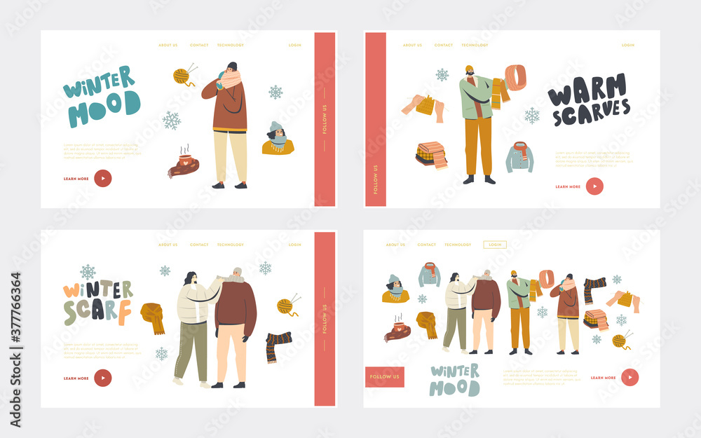 Naklejka People in Warm Clothes for Outdoor Walking Landing Page Template Set. Male Female Characters Wearing Scarves and Hoods