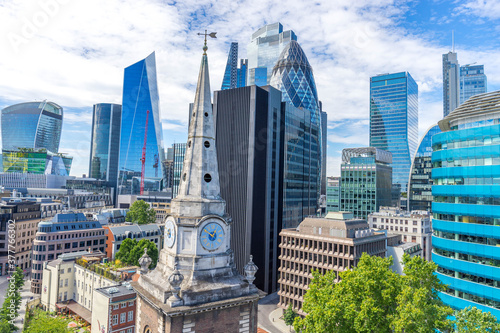 Photography Aerial view of skyscrapers of the world famous bank district of central London