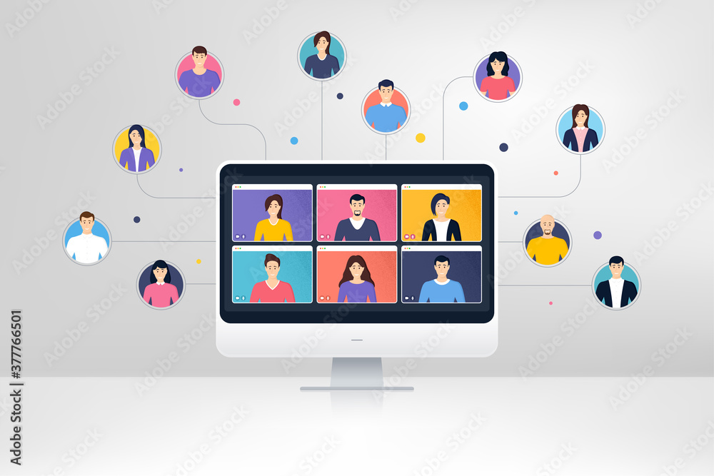 Remote team work from home. Virtual video conference screen. Online home learning. Characters of people work together. Remote conference or virtual meeting. Freelance human resources. Learning vector Remote team work from home. Virtual video conference screen. Online home learning. Characters of people work together. Remote conference or virtual meeting. Freelance human resources. Learning vector