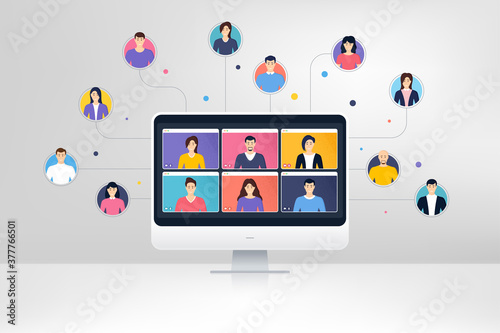 Remote team work from home. Virtual video conference screen. Online home learning. Characters of people work together. Remote conference or virtual meeting. Freelance human resources. Learning vector