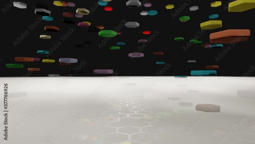 Colorful hexagons are falling to honeycomb like sieve with smoke (3D Rendering)
