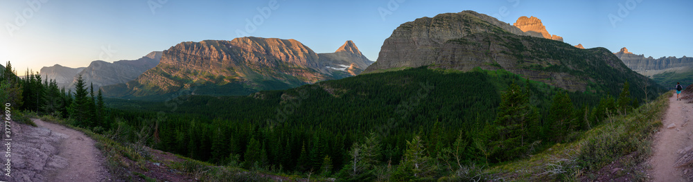 Panorama Of Morning Light Hitting Grinnell Point and Swiftcurrent
