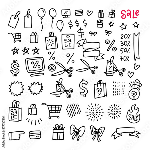 Mega Black friday sale set of icons and objects. Hand drawn doodle store discount design concept. Black and white outline design. Monochrome line art. Vector hand drawn illustration.