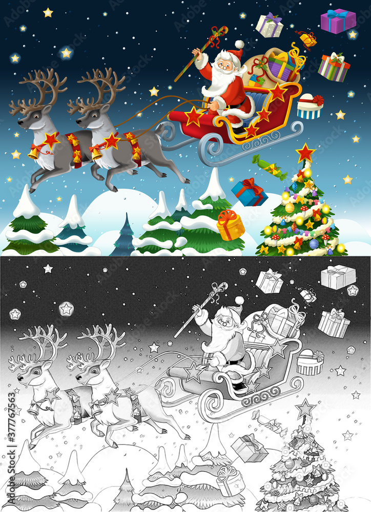 Naklejka premium cartoon sketch scene with santa flying with reindeers deers
