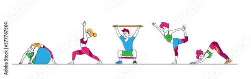 Male and Female Characters Stretching at Home or Gym, People Yoga and Sport Activity, Sports Exercises, Fitness Workout