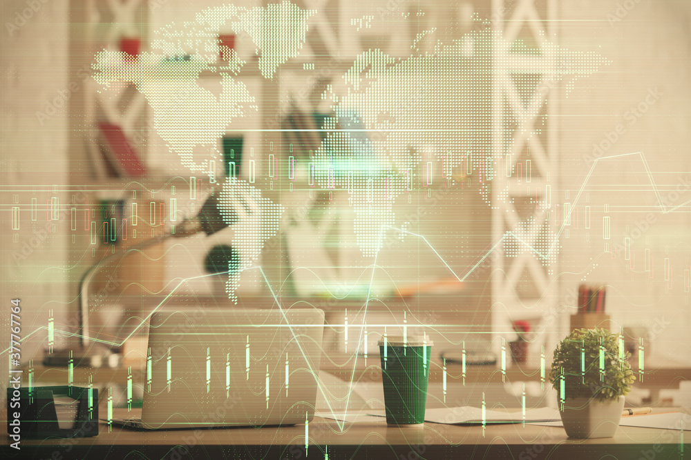 Double exposure of stock market graph drawing and office interior background. Concept of financial analysis. Double exposure of stock market graph drawing and office interior background. Concept of financial analysis.