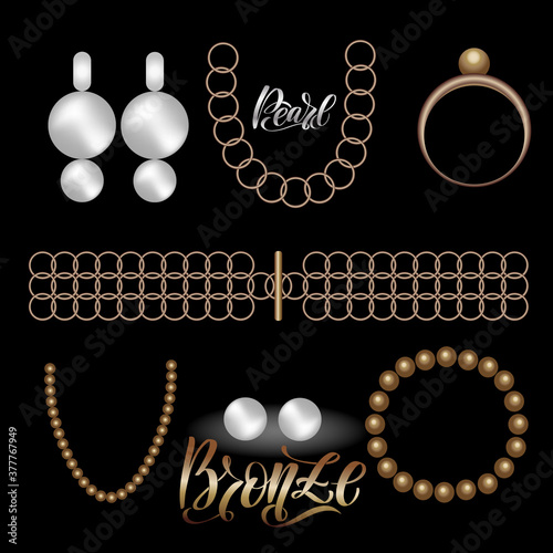 Vintage bronze jewelry with pearls. Bracelet, ring, earrings