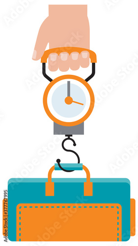 Man hand holds the scales for weighing luggage and tourist bag vector illustration