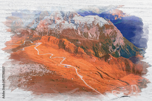 Serpentine in Passo Giau, Dolomites in autumn, watercolor painting photo