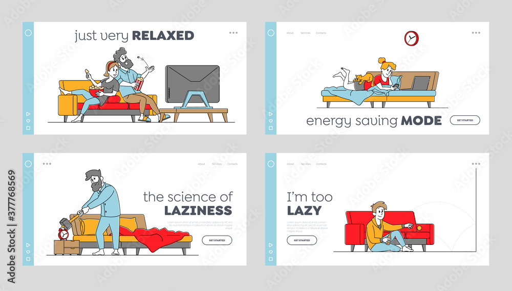 Lazy Weekend Landing Page Template Set. Characters Relaxing at Home Watching Tv, Reading and Watch Online Video or Drink