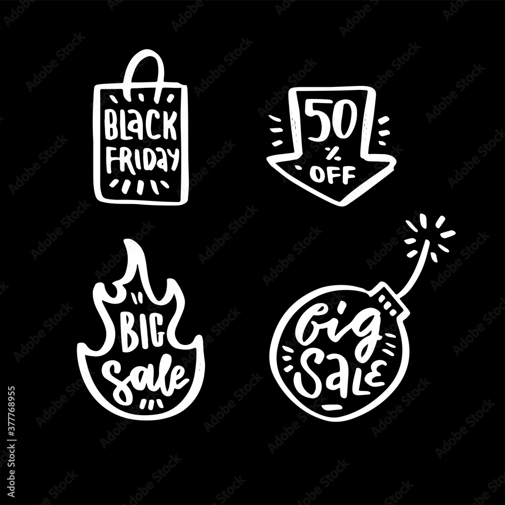 Set of letterings and hand drawn elements for black friday design. White textured chalk prints in black background. Bug Sale. 50 percent off.