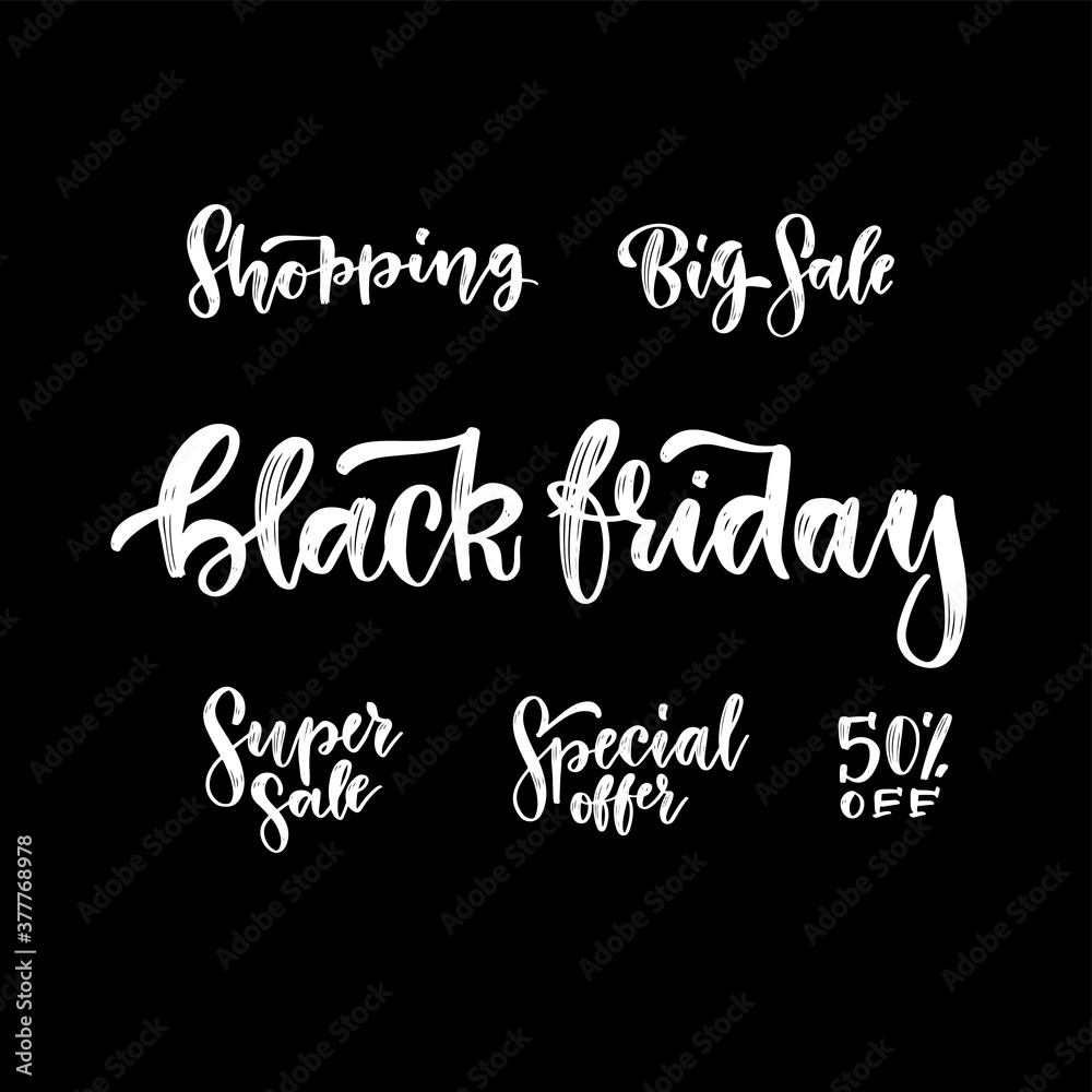A set of beautiful hand drawn black friday sale ink lettering on dark background. Advertising poster template. Textured chalkboard inscription.