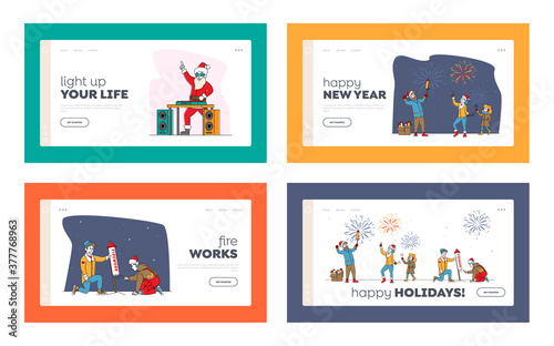 Christmas or New Year Holidays Fireworks and Santa Claus Show Landing Page Template Set. Happy Family Hold Sparklers