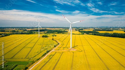 Wind turbines on golden field, aerial view