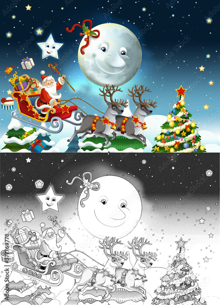 Obraz premium cartoon sketch scene with santa flying with reindeers deers