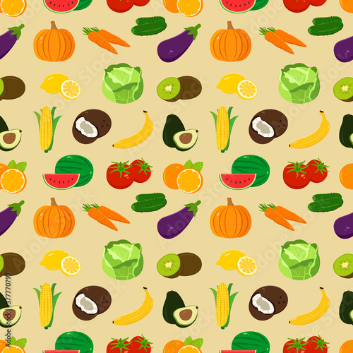 Organic food seamless pattern. Fruits and Vegetables background. Vector
