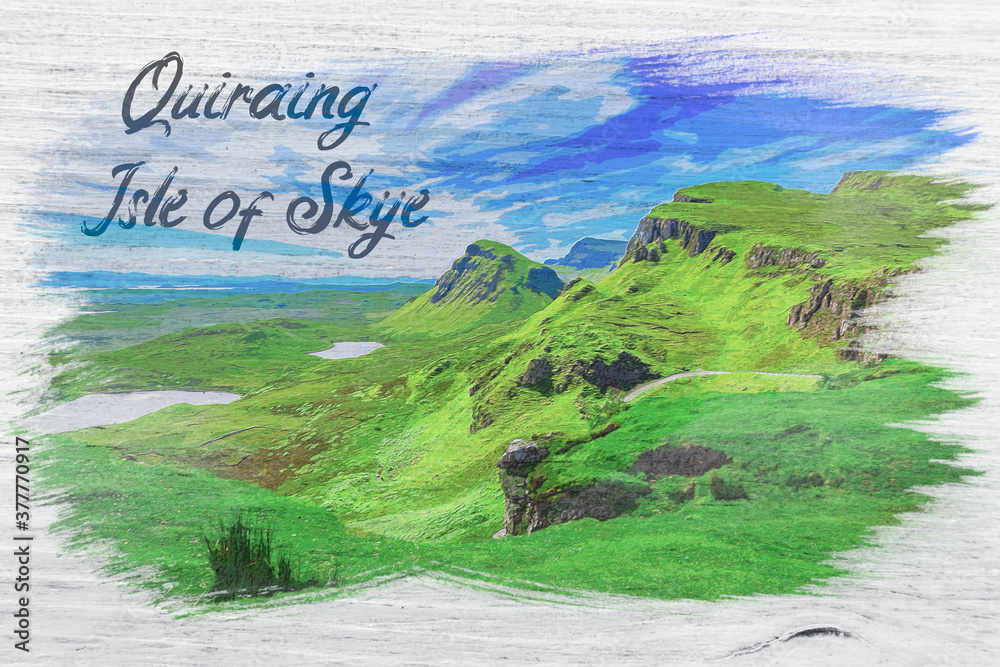 Φωτογραφία View from Quiraing to valley in Scotland, watercolor painting