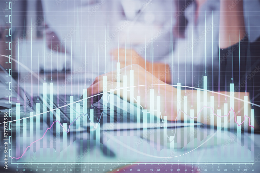 Multi exposure of woman hands typing on computer and financial graph hologram drawing. Stock market analysis concept. Multi exposure of woman hands typing on computer and financial graph hologram drawing. Stock market analysis concept.