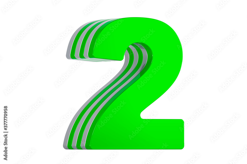 Green Number 2, layered font. 3D rendering
