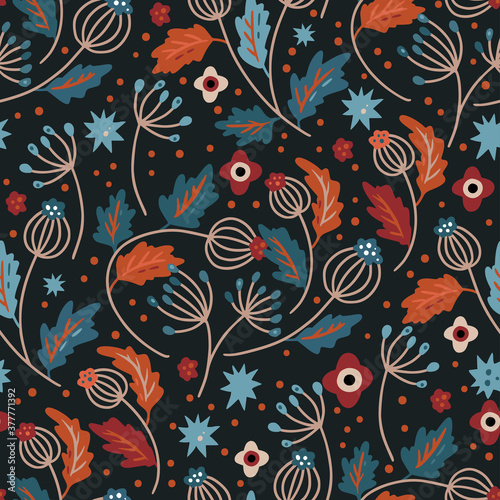 Nordic scandinavian floral botany seamless vector pattern. Hand drawn cute cartoon illustration on a dark background. Folk art berry and flower ethnic print.