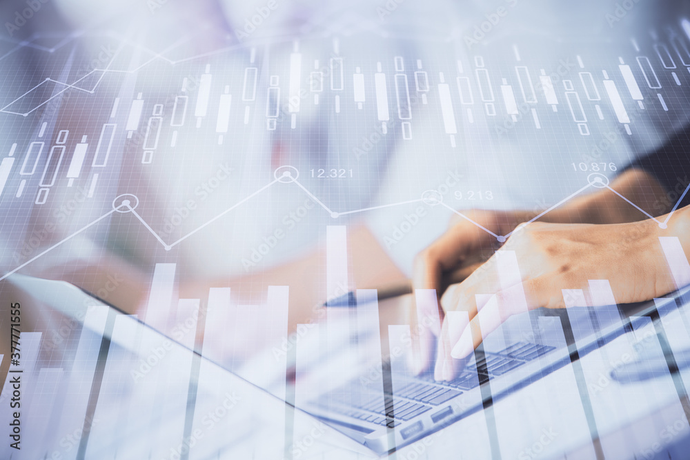 Double exposure of woman hands typing on computer and forex chart hologram drawing. Stock market invest concept. Double exposure of woman hands typing on computer and forex chart hologram drawing. Stock market invest concept.