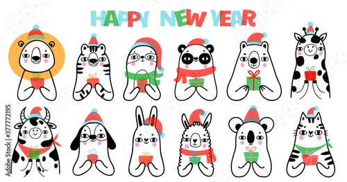 Set of cute simple hand drawn animals with gifts.Christmas and Happy New Year. Kid collection  for greeting card and poster. Tiger, sloth, dog, llama, cat, rabbit, koala, cow, panda, bear, lion, giraf
