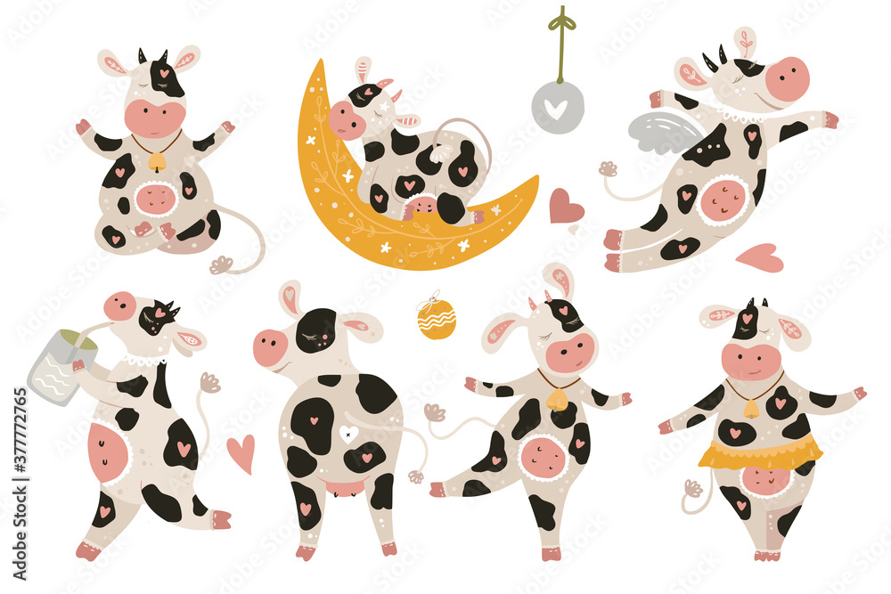 Christmas cute cartoon cow vector clip art set. Happy dancing and dreaming animal big collection with winter decorations. New Year 2021. 