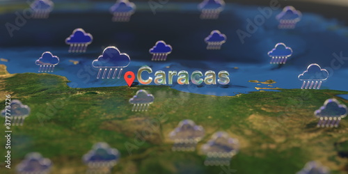 Rainy weather icons near Caracas city on the map, weather forecast related 3D rendering