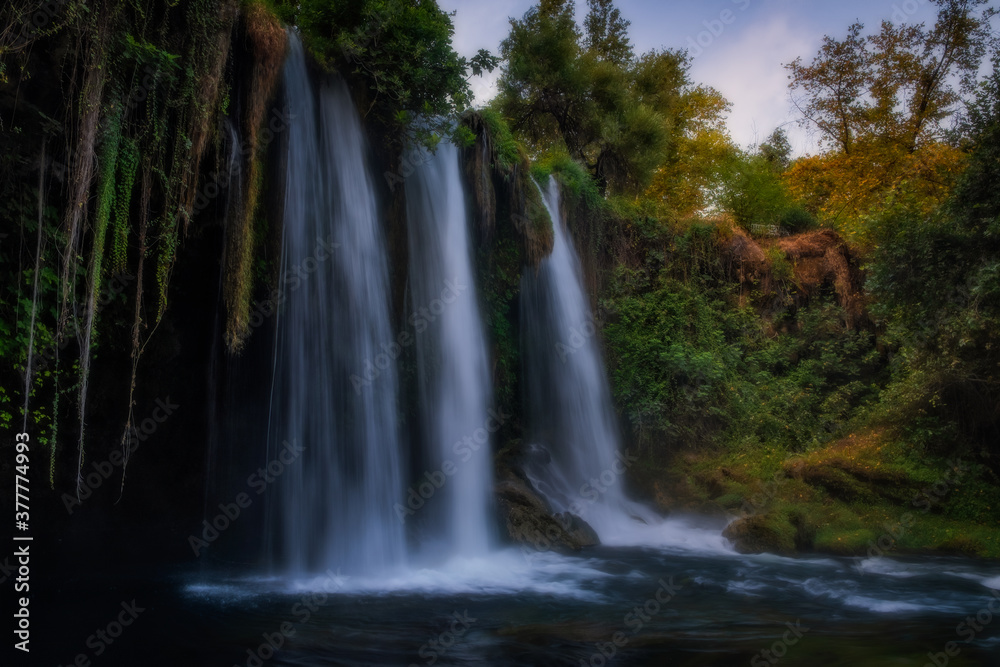 Upper Duden waterfall park in Antalya city in Turkey. July 2020, long exposure picture.