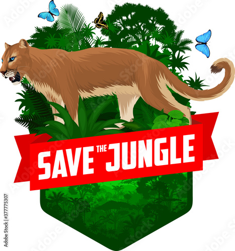 vector jungle rainforest emblem with Puma. Cougar, mountain lion and blue morpho butterfly