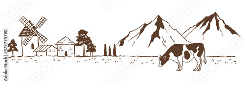 レトロでおしゃれな手描きイラスト素材：風車のある牧場風景スケッチ/田園風景/線画