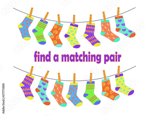 Find a pair of matching socks. Children education logic game. Vector illustration in flat cartoon style