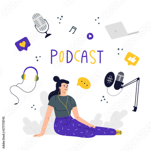 Radio host.Podcast concept illustration.Young female listening to podcast sitting on the floor.A set of devices for a podcast.Vector cartoon colourful illustration in flat style with lettering. 