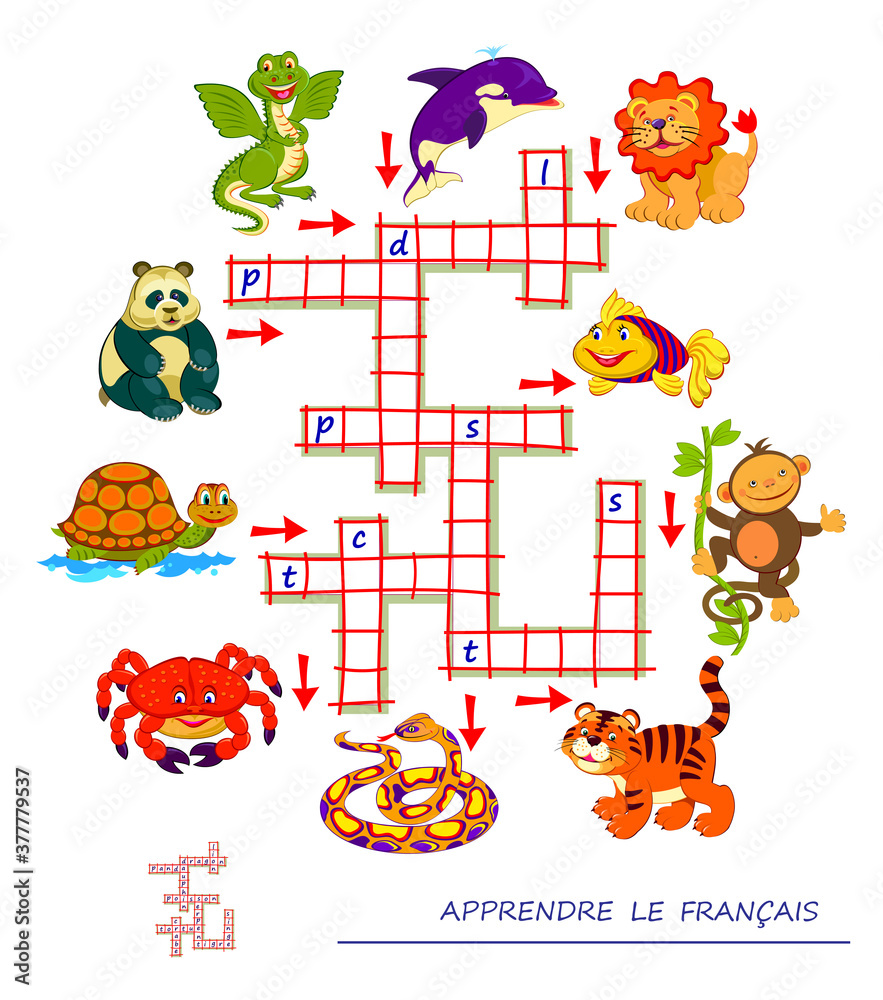 Vektorová grafika „LEARN FRENCH. Crossword puzzle game with animals.  Educational page for children to study French language and words. Printable  worksheet for kids textbook. School exercise book. Flat vector.“ ze služby  Stock
