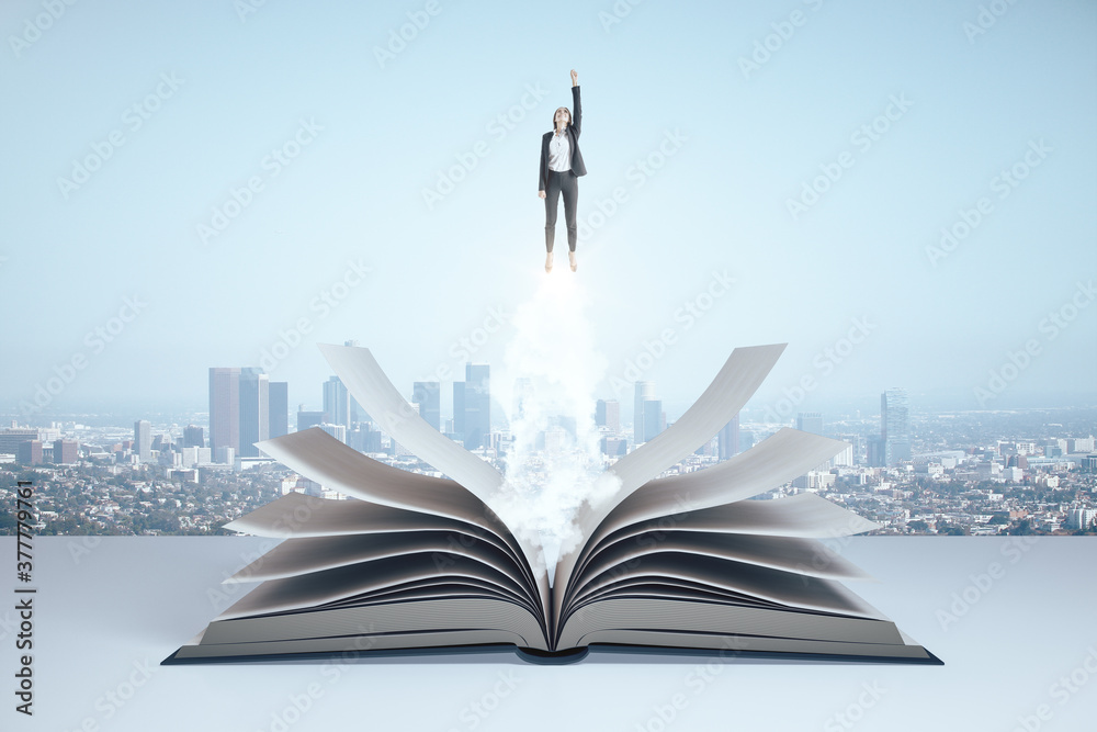 Εκτύπωση καμβά Businesswoman in suit flies over book pile