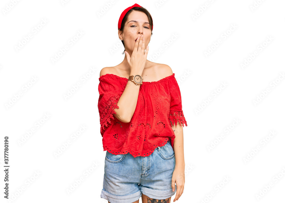 Young brunette woman with short hair wearing casual summer clothes and diadem bored yawning tired covering mouth with hand. restless and sleepiness. Young brunette woman with short hair wearing casual summer clothes and diadem bored yawning tired covering mouth with hand. restless and sleepiness.