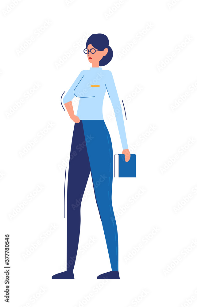 Businesswoman holding book. Color vector cartoon flat illustration isolated on white.
