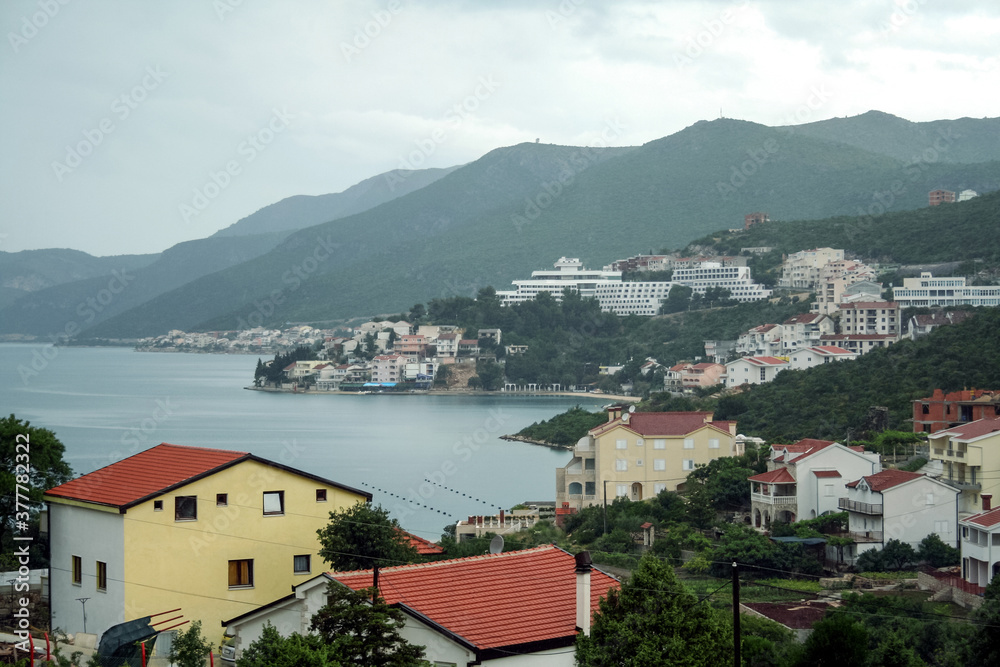 Panorama of Neum, in Bosnia and Herzegovina, seen from the adriatic coast line. Neum is a Bosnian city of Herzegovina, the only sea front of the country, major tourist destination of the Adriatic sea