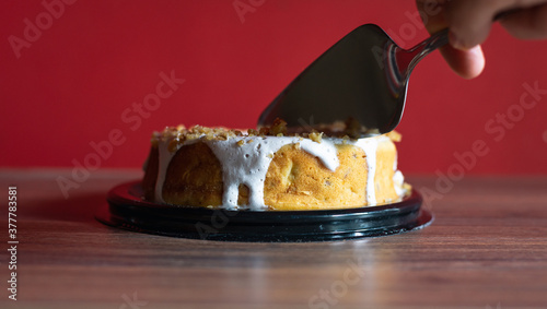 Carrot cake on wooden at home