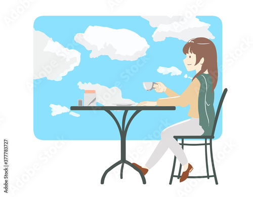 カフェで過ごす女性　ズボン　青空(線無し)