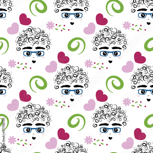 curly-headed boy (flushed) seamless repeat pattern  in next-level black, party pink, lime zest, boudoir red, nobility, little piglet and white