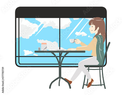 カフェで過ごす女性　ズボン　青空窓枠付き(線無し)