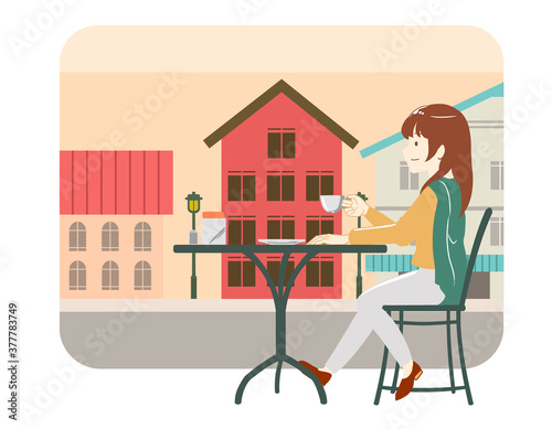 カフェで過ごす女性　ズボン　町並み(線無し)