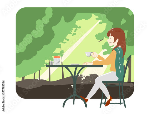 カフェで過ごす女性　ズボン　森林(線無し)