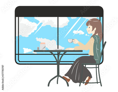 カフェで過ごす女性　スカート　青空窓枠付き(線無し)