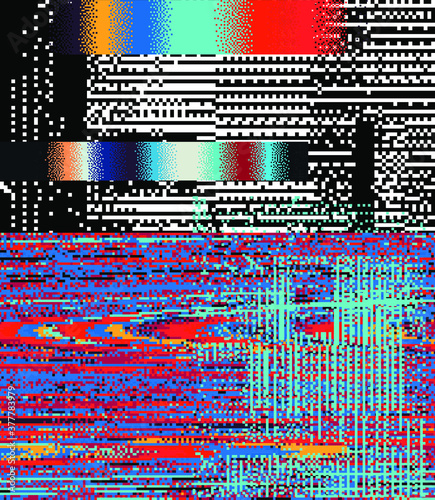 Abstract geometric background with glitched pixels. Computer screen with VHS noise effect.